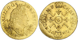1694. Francia. Luis XIV. 9 (Rennes). 1 luis de oro. (Fr. 433) (Kr. 302.24). 6,72 g. AU. Acuñada sobre otra moneda. Bella. Brillo original. Rara y más ...