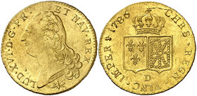 1786. Francia. Luis XVI. D (Lyon). 2 luises de oro. (Fr. 474) (Kr. 592.5). 15,28 g. AU. Muy bella. Brillo original. Rara y más así. S/C-.