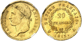 1813. Francia. Napoleón. A (París). 20 francos. (Fr. 511) (Kr. 695.1). AU. En cápsula de la NGC como MS61, nº 4270316-005. Bella. Brillo original. EBC...