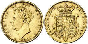 1825. Gran Bretaña. Jorge IV. 1 libra. (Fr. 377) (Kr. 696). 7,92 g. AU. Tipo "escudo". Golpecito. Muy escasa. MBC.