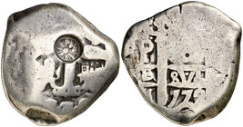 (1838). Guatemala. 8 reales. (Kr. 77.5). 25,84 g. AG. Contramarca sobre 8 reales Potosí 1772 (De Mey 718). MBC-.