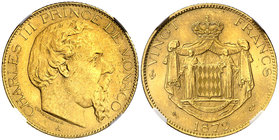 1879. Mónaco. Carlos III. A (París). 20 francos. (Fr. 12) (Kr. 98). AU. En cápsula de la NGC como MS63, nº 4627132-007. Leves marquitas. Bella. EBC+/S...