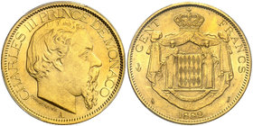 1882. Mónaco. Carlos III. A (París). 100 francos. (Fr. 11) (Kr. 99). AU. En cápsula de la PCGS como MS63, nº 527768.63/32638722. Acuñación de 5000 eje...