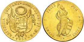1854. Perú. Lima. MB. 8 escudos. (Fr. 62) (Kr. 148.4) (Cal.Onza 2100). 26,79 g. AU. Rayitas y golpecitos. Escasa. MBC+.
