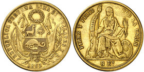1863. Perú. Lima. YB. 8 escudos. (Fr. 68) (Kr. 183) (Cal.Onza 2104). 26,96 g. AU. Rayitas. Escasa. MBC+/MBC.