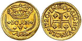 1720. Portugal. Juan V. 400 reis (cruzado nuevo). (Fr. 100) (Gomes 84.03). 1,04 g. AU. Golpecito. Preciosa pátina. S/C-.