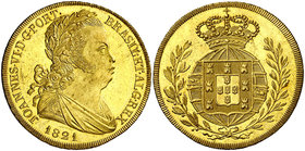 1821. Portugal. Juan VI. Lisboa. 4 escudos (peça). (Fr. 128) (Gomes 18.04). 14,59 g. AU. Bellísima. Brillo original. Extraordinariamente rara. Sólo 9 ...