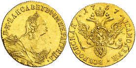 1757. Rusia. Isabel. (San Petersburgo). 1 ducado. (Fr. 113) (Kr. 30.3). 3,44 g. AU. Bella. Rarísima y más así. EBC.
