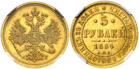 1884. Rusia. Alejandro III. C (San Petersburgo). 5 rublos. (Fr. 165) (Kr. 26). AU. En cápsula de la NGC como MS61, nº 2772512-002. Bella. Rara y más a...