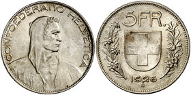 1926. Suiza. B (Berna). 5 francos. (Kr. 38). 24,97 g. AG. Escasa. EBC+.