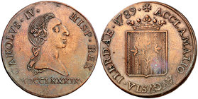 1789. Carlos IV. Lleida. Módulo 8 maravedís. (Cru.Medalles 235a) (Boada 30a). 8,94 g. Bronce. Grabador: Daroea. Limpiada. Rarísima. MBC.