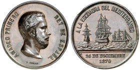 1870. Amadeo I. (V.Q. 14379) (Catálogo de Medallas Españolas, Museo del Prado pág. 280, nº 119). 15,43 g. Ø 30 mm. Bronce. Firmado: G. Sellán. Leves g...