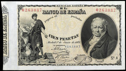 1889. 100 pesetas. (Ed. B83) (Ed. 299). 1 de junio, Goya. Mínimas restauraciones. Raro. MBC+.