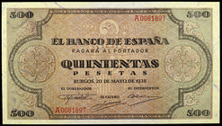 1938. Burgos. 500 pesetas. (Ed. D34) (Ed. 433). 20 de mayo. Extraordinario ejemplar, con pleno apresto. Muy raro así. S/C.