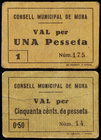 Mura. 50 céntimos y 1 peseta. (T. 1876 y 1877a). 2 cartones, todos los de la localidad. Los 50 céntimos nº 14 y el de peseta nº 175. Ex Áureo & Calicó...