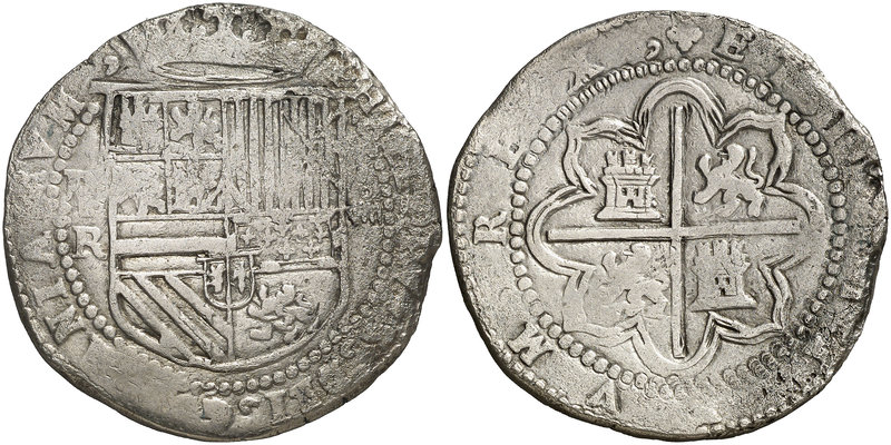 s/d (1575). Felipe II. Potosí. R (Alonso Rincón). 8 reales. (Cal. 142, como Lima...