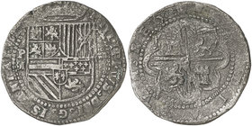 s/d (1575-1576). Felipe II. Potosí. M (¿Miguel García?). 8 reales. (Cal. 141, como Lima) (Paoletti 50). 25,75 g. Corrosiones marinas. Muy rara. MBC+/M...