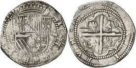 s/d (hacia 1578-1586). Felipe II. Potosí. C. 8 reales. (Cal. 136, como La Plata) (Paoletti 60). 27,19 g. Reverso no coincidente, girado 180º. Ex Áureo...