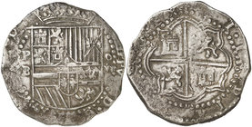 s/d (1578-1586). Felipe II. Potosí. B. 8 reales. (Cal. 139, como Lima) (Paoletti grupo B5). 27,12 g. Leyendas separadas por puntos. MBC.