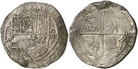 s/d (1589-1598). Felipe II. Potosí. B. 8 reales. (Cal. 139, como Lima) (Paoletti grupo B7). 25,80 g. Gráfilas interiores de ambas caras formadas por l...