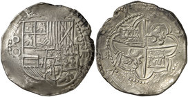 s/d (1612-1616). Felipe III. Potosí. Q (Agustín De la Quadra). 8 reales. (Cal. 124) (Paoletti 128). 26,74 g. Cuarteles de Flandes y Tirol intercambiad...