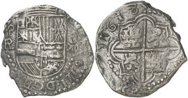 1618. Felipe III. Potosí. PAL (Pedro Martín de Palencia) (1er período). 8 reales. (Cal. 130) (Paoletti 152). 26,90 g. Ordinal del rey completo, fecha ...