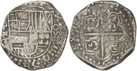 1618. Felipe III. Potosí. T (Juan Ximénez de Tapia) (1er período). 8 reales. (Cal. 131 var) (Paoletti 154 sim). 26,97 g. Tanto el ordinal del rey como...