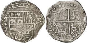 (16)20. Felipe III. Potosí. T. 8 reales. (Cal. 136 var) (Paoletti 158 sim). 26,94 g. Marca de ceca P/, muy clara. Ex UBS 15/09/1988, nº 631. Ex Colecc...