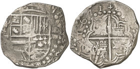 1621. Felipe III. Potosí. T. 8 reales. (Cal. 140) (Paoletti 161 sim). 26,97 g. Fecha completa. Rara. MBC.