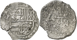 1622. Felipe IV. Potosí. T. 8 reales. (Cal. 456 var. por reverso en posición normal) (Paoletti 162). 26,23 g. Fecha completa. Rara. MBC-.