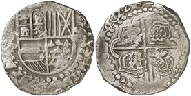 1622. Felipe IV. Potosí. P (Pedro Martín de Palencia) 2º período. 8 reales. (Cal. 458) (Paoletti 164 var). 26,87 g. Leones y castillos intercambiados ...