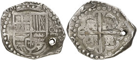 1629. Felipe IV. Potosí. T. 8 reales. (Cal. 470) (Paoletti 181). 27,14 g. Valor en cifra romana. Fecha completa. Perforación. Rara. (MBC).