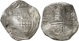 1630. Felipe IV. Potosí. T. 8 reales. (Cal. 472) (Paoletti 186). 25,36 g. Fecha completa. Estilo de 1629, con ceca, ensayador y valor acotados por pun...
