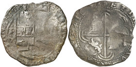 1631. Felipe IV. Potosí. T. 8 reales. (Cal. 473) (Paoletti 188). 27,08 g. Fecha completa. Estilo de 1632, con ceca y ensayador acotados por puntos, pe...