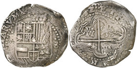 1632. Felipe IV. Potosí. T. 8 reales. (Cal. 474) (Paoletti 190). 27,06 g. Visibles los dos últimos dígitos de la fecha. Rara. MBC+.