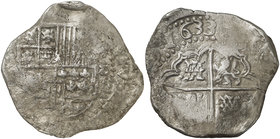 1633. Felipe IV. Potosí. (T). 8 reales. (Cal. 475) (Paoletti 191). 26,86 g. Ordinal del rey y fecha completos. Rara. MBC-.