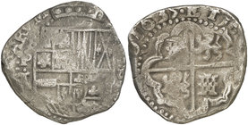 1635. Felipe IV. Potosí. T. 8 reales. (Cal. 477) (Paoletti 196). 25,74 g. Fecha completa. Rara. MBC.