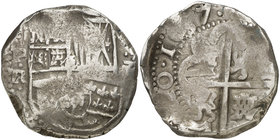 1637. Felipe IV. Potosí. TR (Pedro Treviño). 8 reales. (Cal. 480) (Paoletti 205). 26,42 g. Fecha completa. Rara. MBC-.