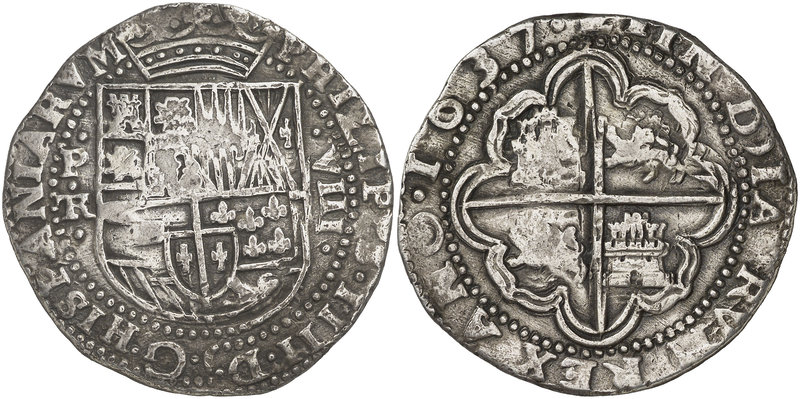 1637. Felipe IV. Potosí. TR. 8 reales. (Cal. 383) (Lázaro 96). 27,10 g. Redonda....