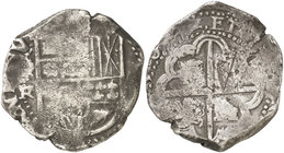 1642. Felipe IV. Potosí. FR/TR. 8 reales. (Cal. 487 var) (Paoletti falta). 26,47 g. Ensayador y tres últimas cifras de la fecha muy claros. Muy rara. ...