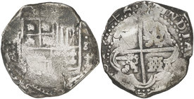 1642. Felipe IV. Potosí. FR. 8 reales. (Cal. 487, mal descrito) (Paoletti 215). 26,87 g. Ex Áureo 06/03/2001, nº 1505. Ex Colección Kurt Dym. Rara. BC...