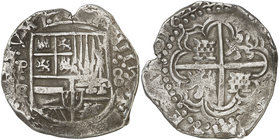 1644. Felipe IV. Potosí. FR. 8 reales. (Cal. 490, mal descrita) (Paoletti falta). 27,15 g. Ensayador muy claro. Rara. MBC.