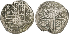 1644. Felipe IV. Potosí. FR. 8 reales. (Cal. 490, mal descrita) (Paoletti falta). 26,14 g. Fecha completa, con los dos 4 muy curiosos. Rara. MBC.