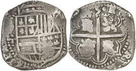1645. Felipe IV. Potosí. T. 8 reales. (Cal. 492) (Paoletti 224 a 226). 24,80 g. Ex UBS 15/09/1988, nº 665. Ex Colección Sellschopp. Rara. MBC.