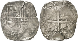 1646. Felipe IV. Potosí. V (Jerónimo Velázquez). 8 reales. (Cal. 496) (Paoletti 230). 24,28 g. Rara. MBC-.