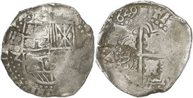 1649. Felipe IV. Potosí. Z. 8 reales. (Cal. 508 var) (Paoletti 236 var). 26,41 g. Contramarca en reverso: L bajo corona, en círculo de puntos, para au...