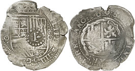 1650. Felipe IV. Potosí. . 8 reales. (Cal. 509 var) (Paoletti 243). 26,29 g. Cifras de la fecha separadas por puntos: 1650. Contramarca en anverso, co...