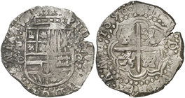 1650. Felipe IV. Potosí. . 8 reales. (Cal. 509) (Paoletti no publica ningún ejemplar sin contramarca). 28,24 g. Atractiva. Rara sin contramarca. MBC+....