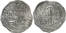 1651. Felipe IV. Potosí. . 8 reales. (Cal. 510 var) (Paoletti 245 sim). 26,43 g. Contramarca en anverso: F bajo corona para autorizar su circulación p...