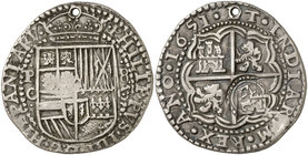 1651. Felipe IV. Potosí. . 8 reales. (Cal. 401 var) (Lázaro 115, mismo ejemplar). 27,35 g. Redonda. Tipo "real". Contramarca en reverso: L bajo corona...
